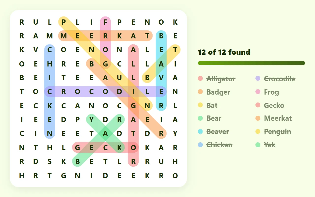 A solved 12×12 animal word search from this page, with animals such as Alligator, Penguin and Meerkat circled in different colors beside the word list.