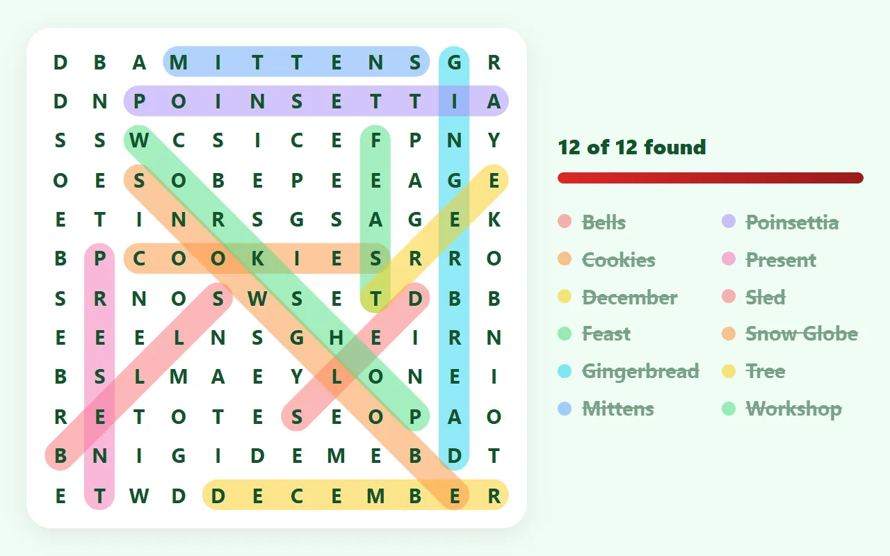 A solved 12×12 Christmas word search from this page, with words such as Gingerbread, Poinsettia and Snow Globe circled in different colors beside the word list.