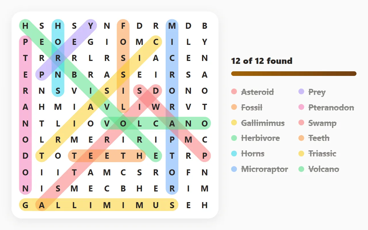 A solved 12×12 dinosaur word search from this page, with names such as Pteranodon, Microraptor and Gallimimus circled in different colors beside the word list.