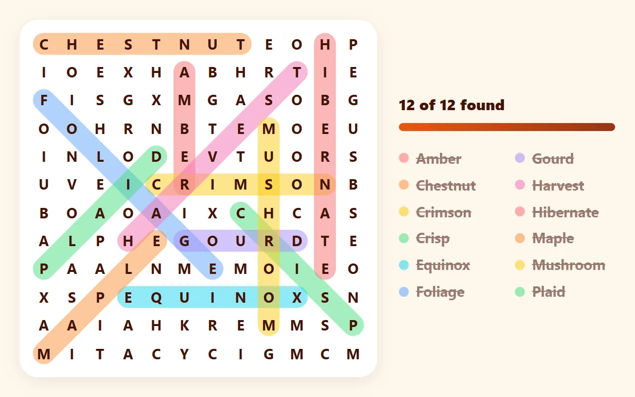 A solved 12×12 fall word search from this page, with words such as Chestnut, Equinox and Mushroom circled in different colors beside the word list.