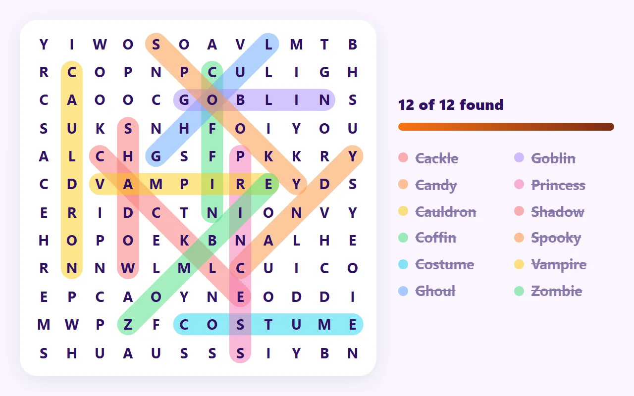 A solved 12×12 Halloween word search from this page, with words such as Cauldron, Vampire and Zombie circled in different colors beside the word list.
