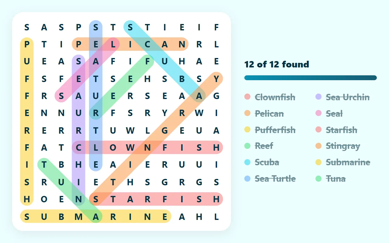 A solved 12×12 ocean word search from this page, with words such as Clownfish, Stingray and Sea Turtle circled in different colors beside the word list.
