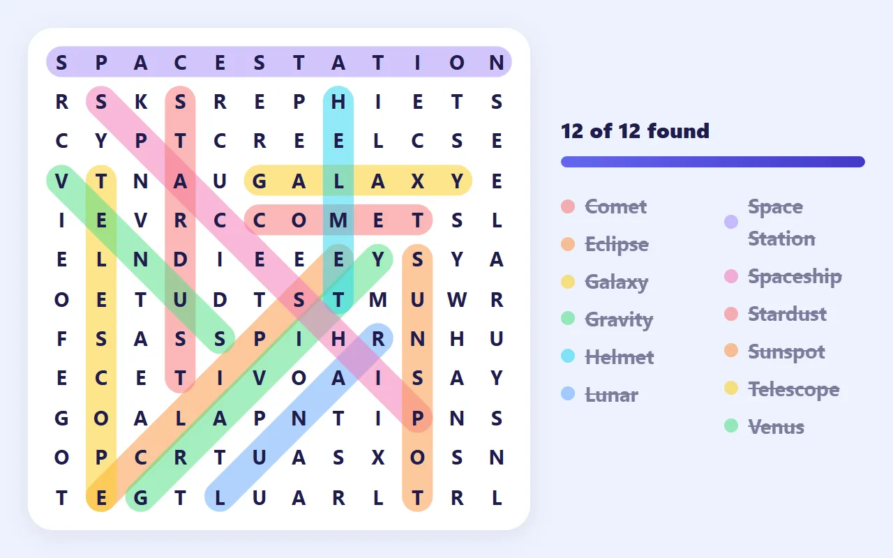 A solved 12×12 space word search from this page, with words such as Telescope, Comet and Space Station circled in different colors beside the word list.