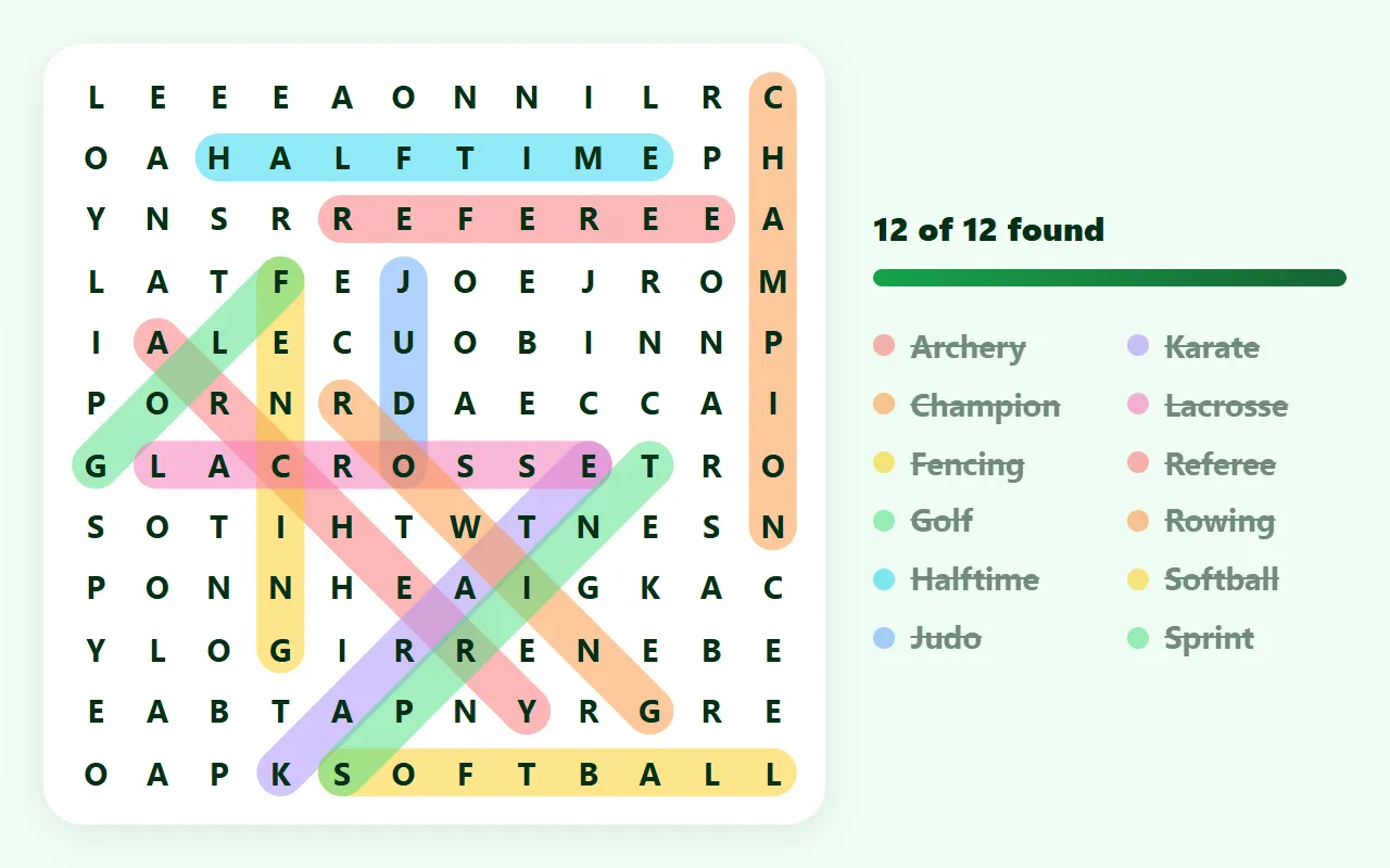A solved 12×12 sports word search from this page, with words such as Archery, Lacrosse and Referee circled in different colors beside the word list.
