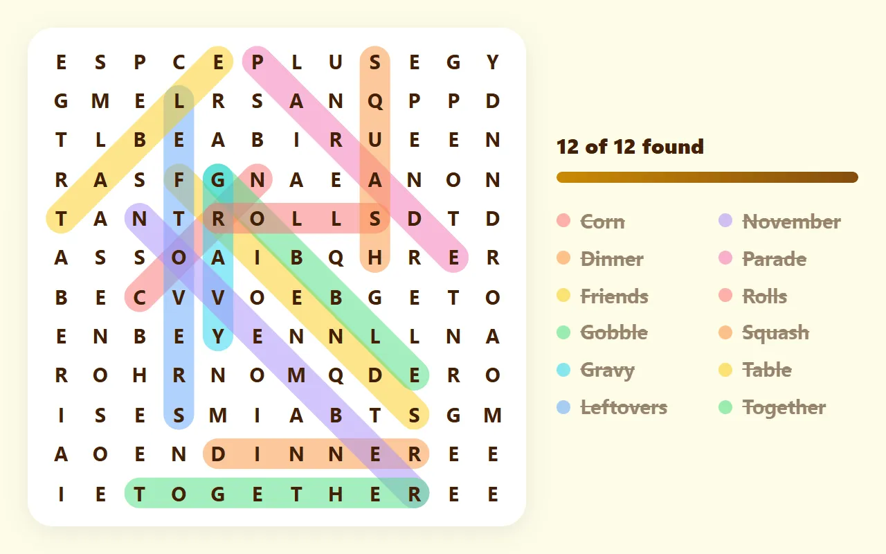 A solved 12×12 Thanksgiving word search from this page, with words such as Gravy, Leftovers and Gobble circled in different colors beside the word list.