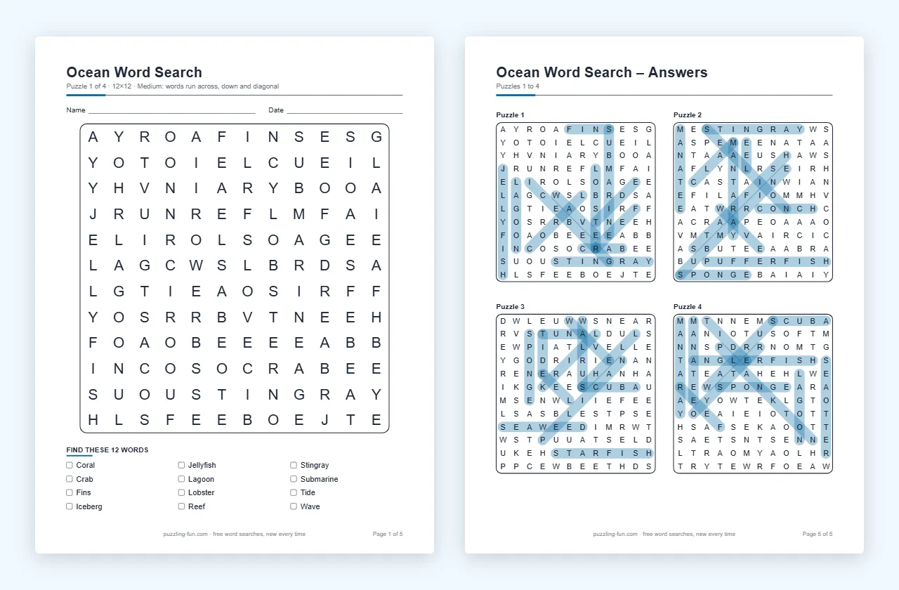 Two pages of a printable word search pack made on this page: a puzzle page with a title, a large letter grid and a word list with tick boxes, and an answer page with four small grids where every word is marked.