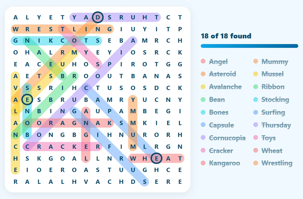 A solved Large word search board with 18 words circled in different colors. Many of the circles cross, sharing a letter, and three crossing letters are ringed.